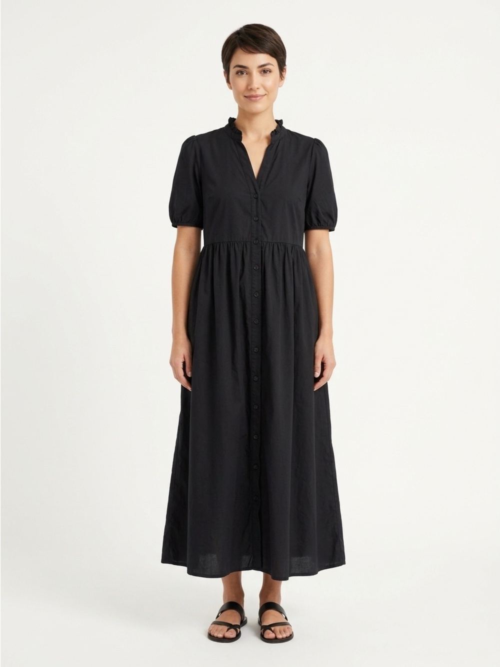 Nation LTD Button Front Midi Dress Ruffle Collar Pima Cotton Black Small